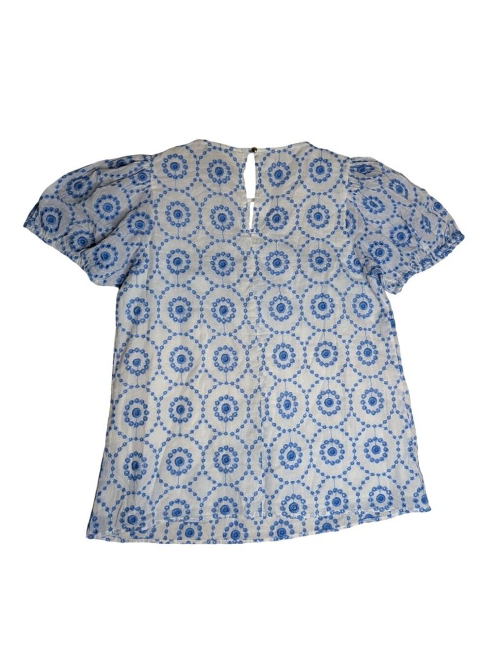 SAIL TO SABLE Blue & White Embroidered Eyelet Puff Short Sleeve Babydoll Top - S - Picture 13 of 15